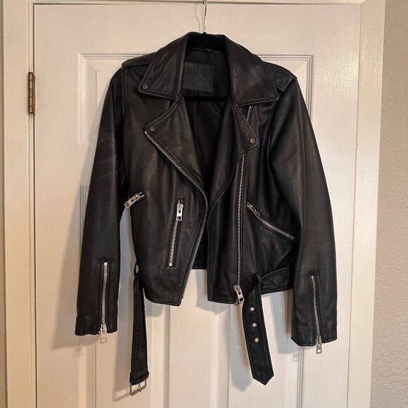 All Saints Leather Moto Jacket with Belted Waist - US 6 - Picture 1 of 6